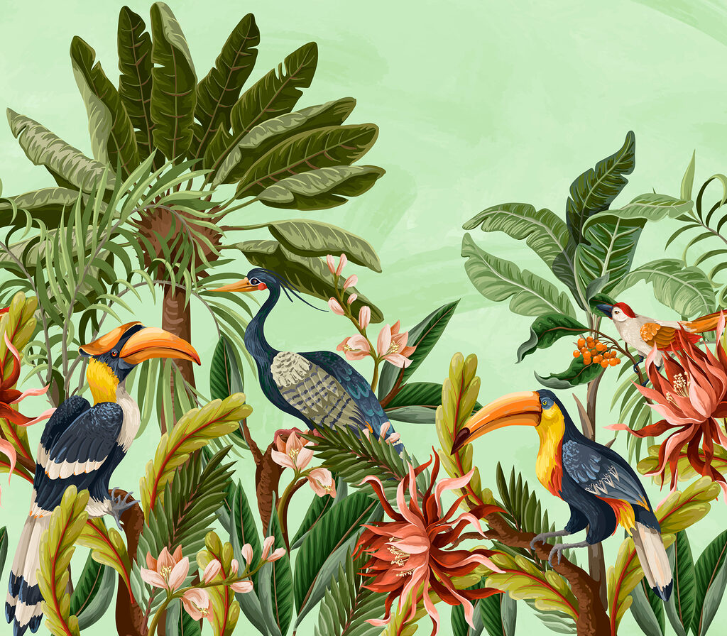 Toekans tussen kleurige bloemen — volledig ontwerp