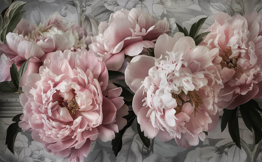 Roze bloemen op donkergroen — volledig ontwerp