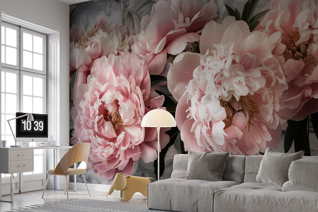 Groep roze bloemen in een interieur