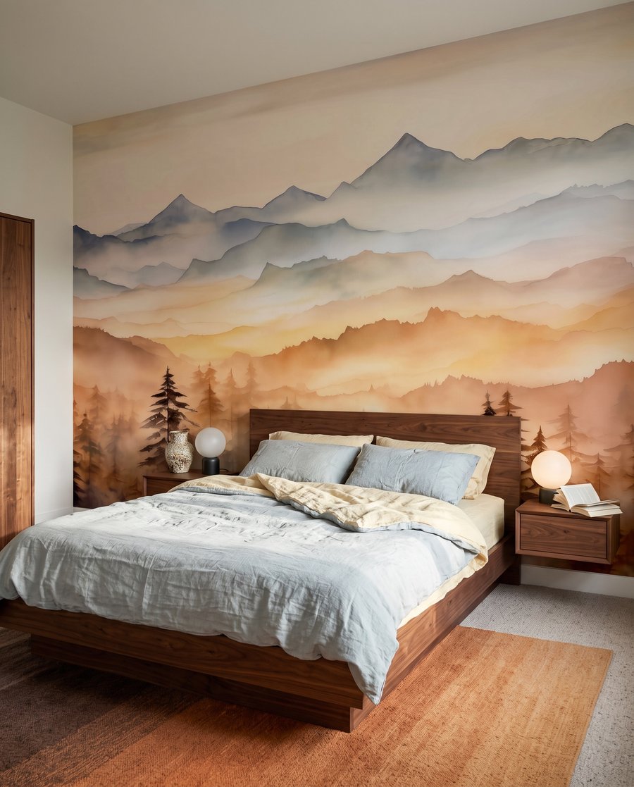 Landschap van bergen en bomen in een interieur
