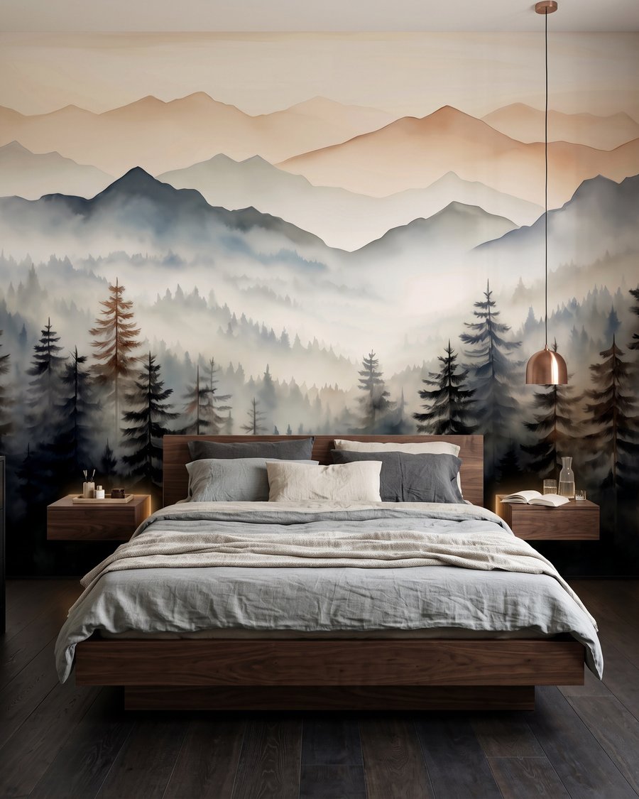 Landschap van bergen met bomen en mist in een interieur