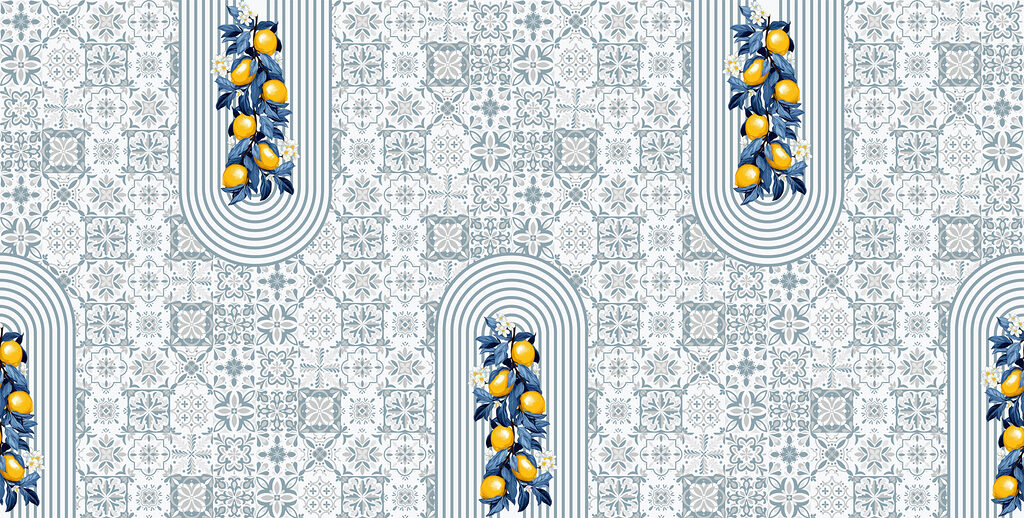 Citroenen tussen blauwe tegelprints — volledig ontwerp