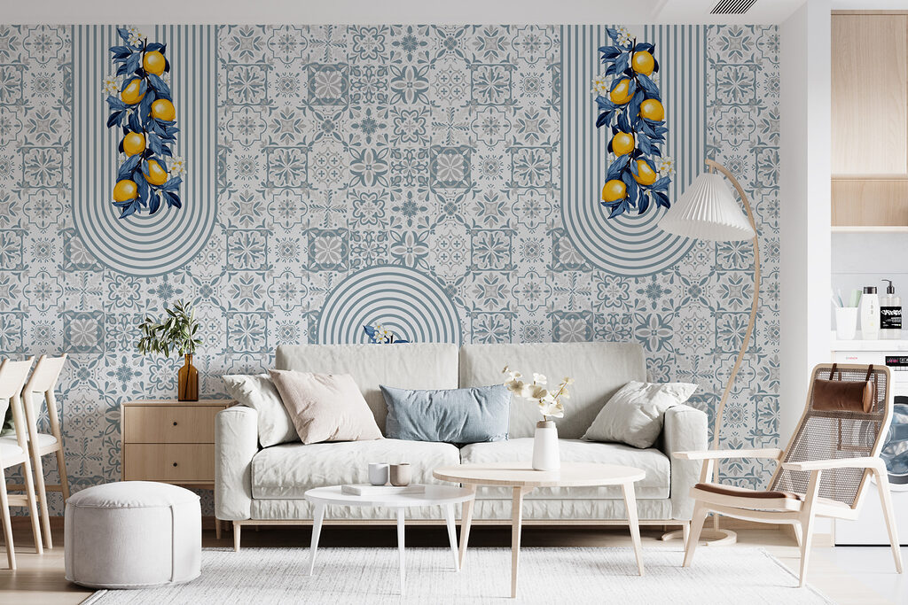Citroenen tussen blauwe tegelprints — interieur 1