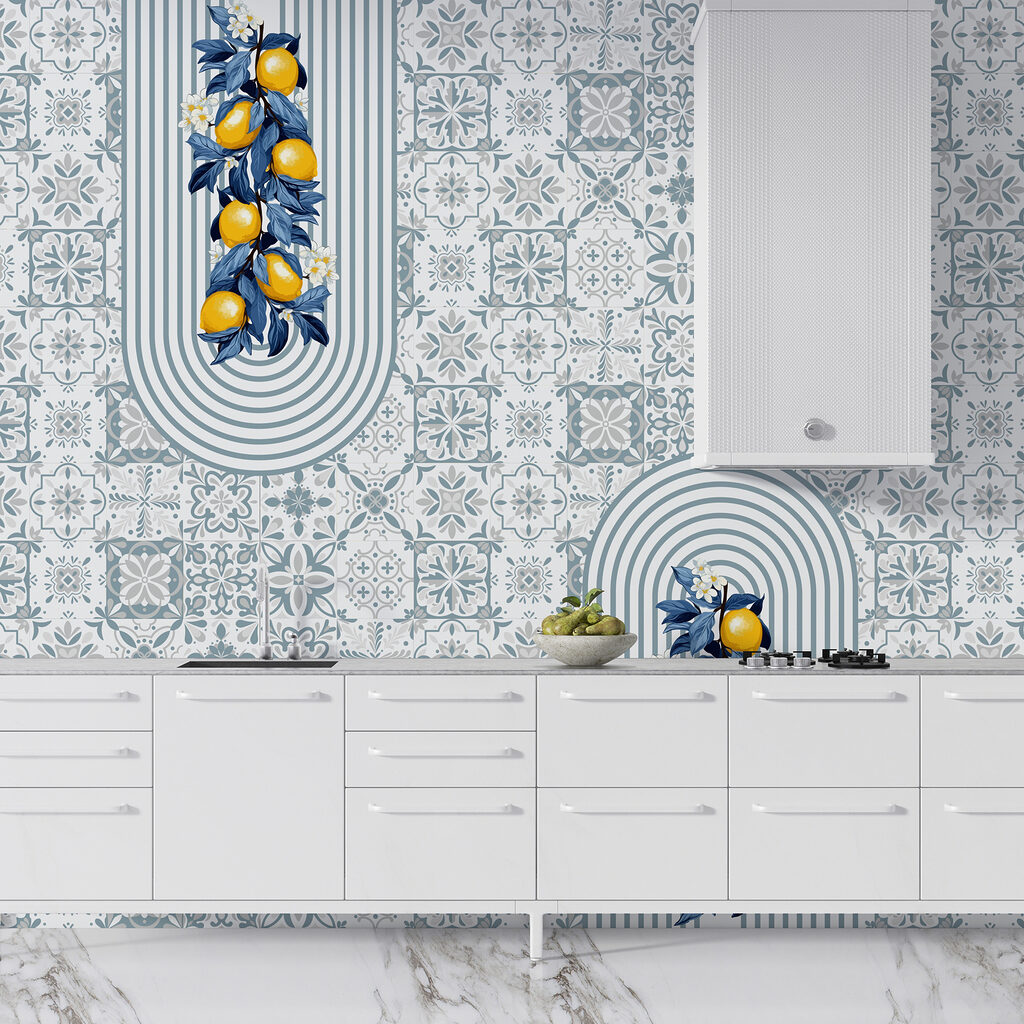 Citroenen tussen blauwe tegelprints — interieur 3