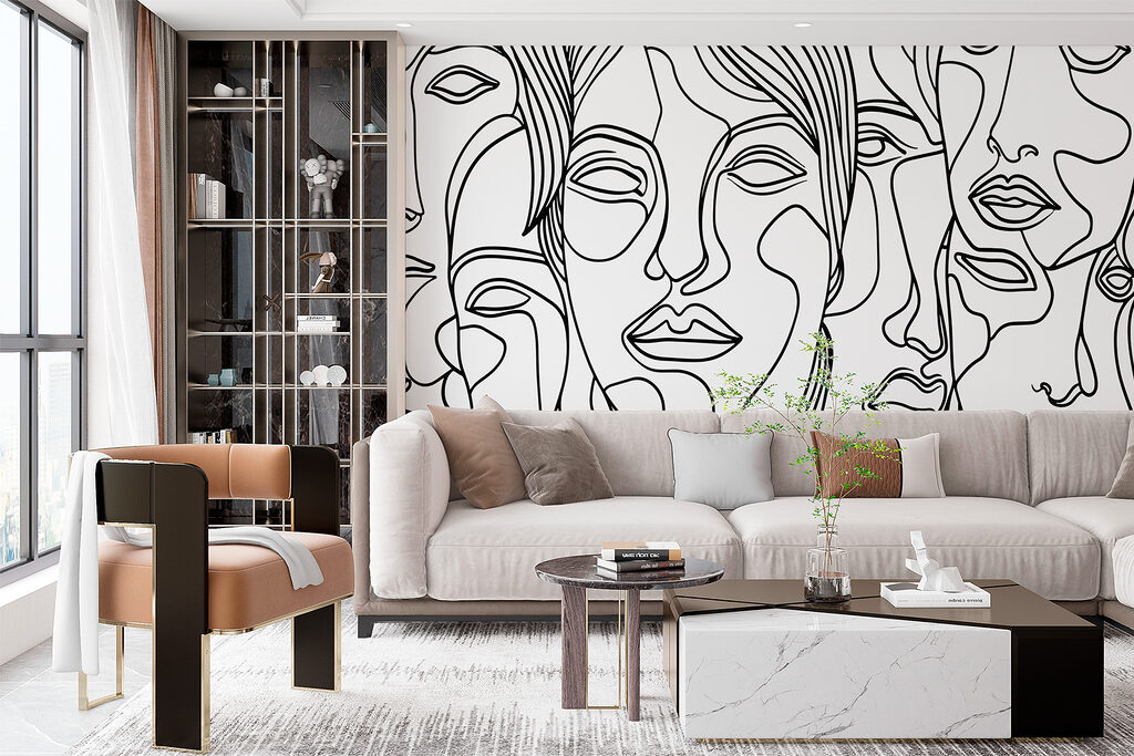 Gezichten in vloeiende lijnkunst — interieur 1
