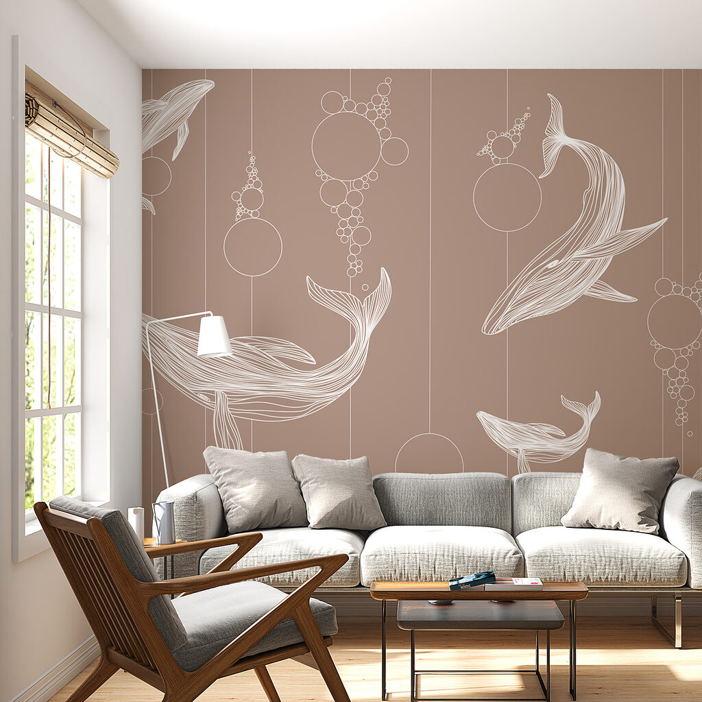 Witte walvissen op taupe — interieur 1