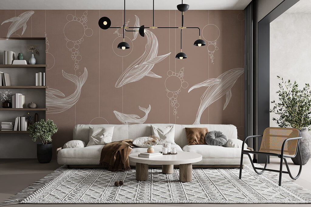 Witte walvissen op taupe — interieur 2