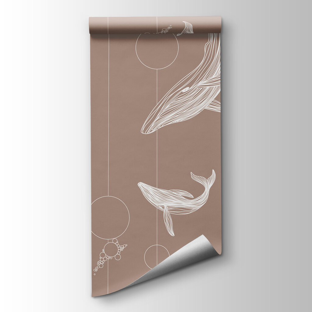 Witte walvissen op taupe — productweergave
