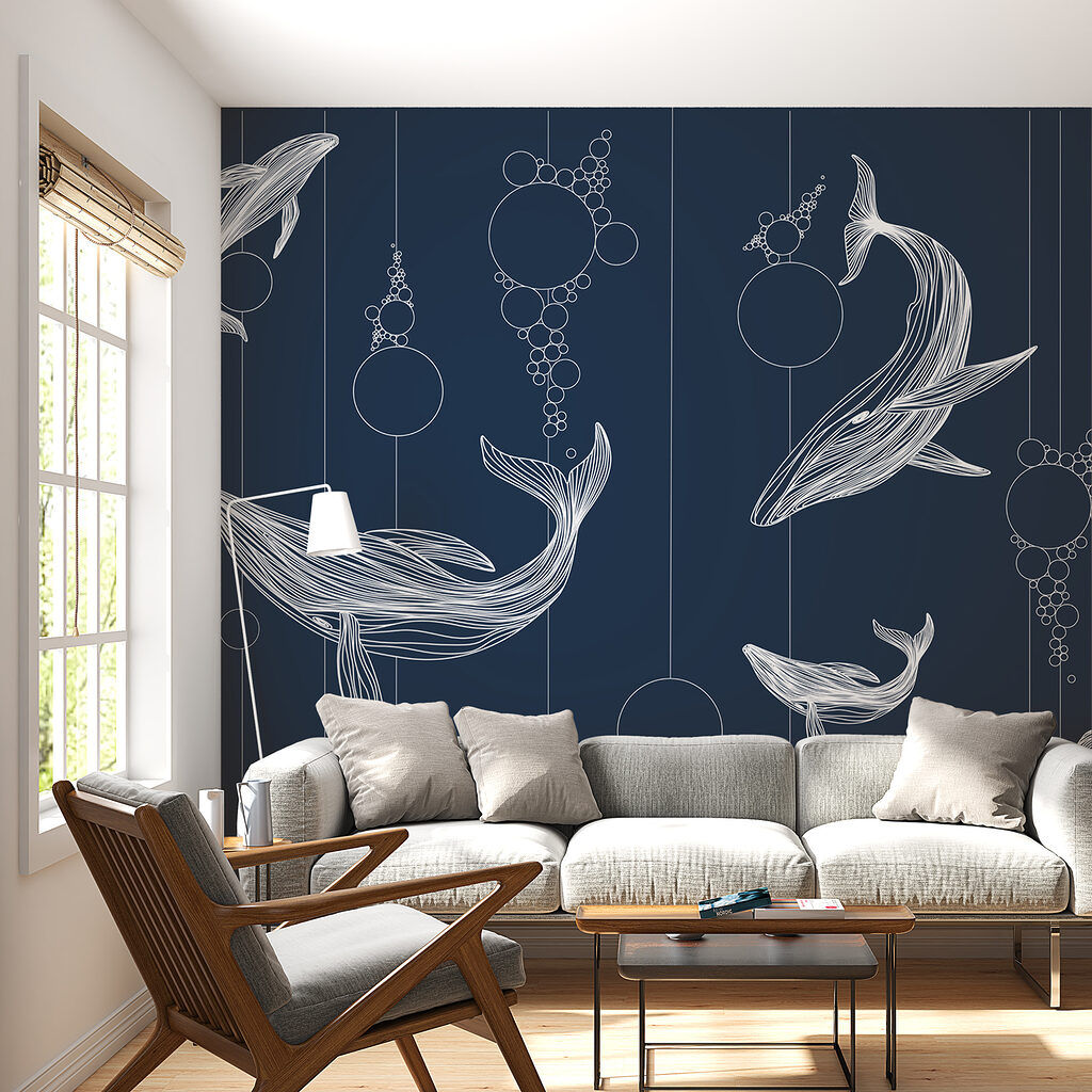 Groep walvissen en bubbels in een interieur