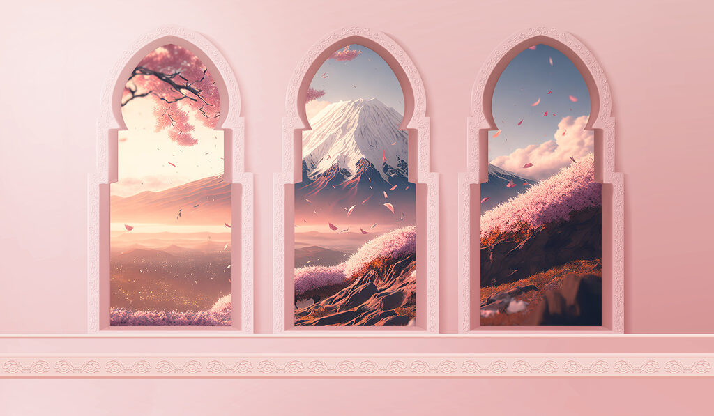 Roze bogen met bergzicht — volledig ontwerp