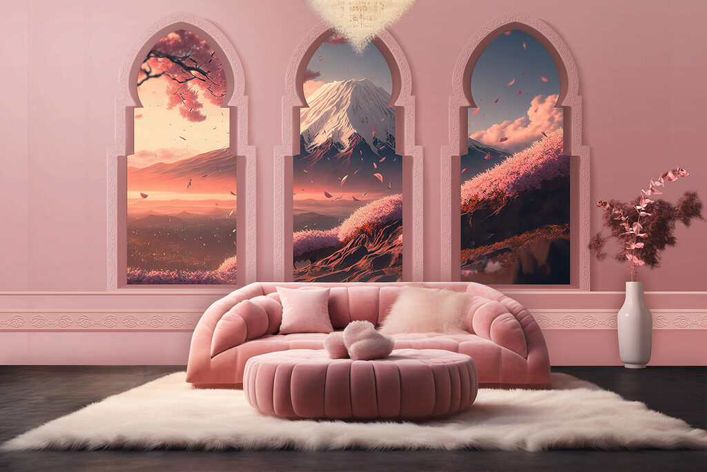 Roze bogen met bergzicht — interieur 1