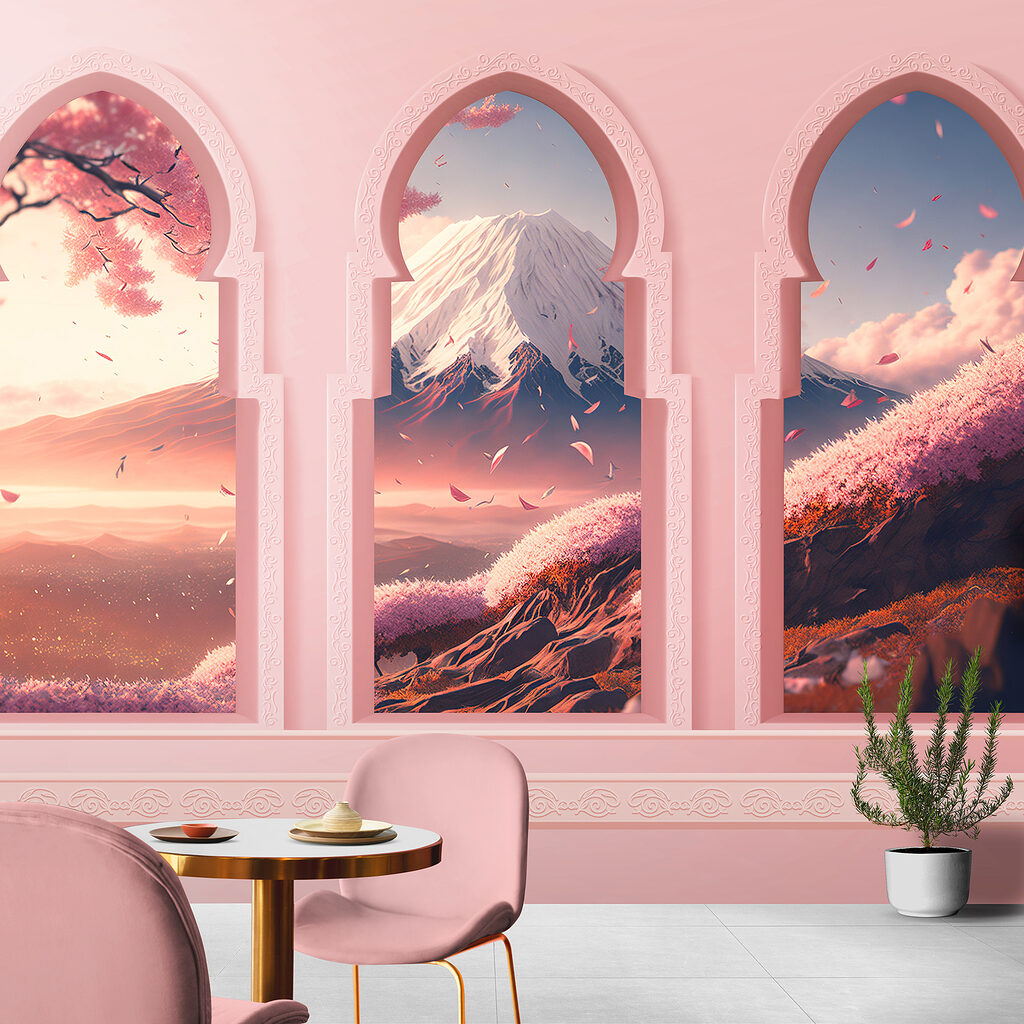 Roze bogen met bergzicht — interieur 3