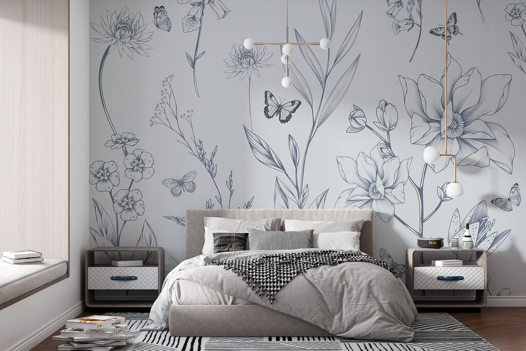 Vlinders bij fijne bloementekeningen — interieur 1