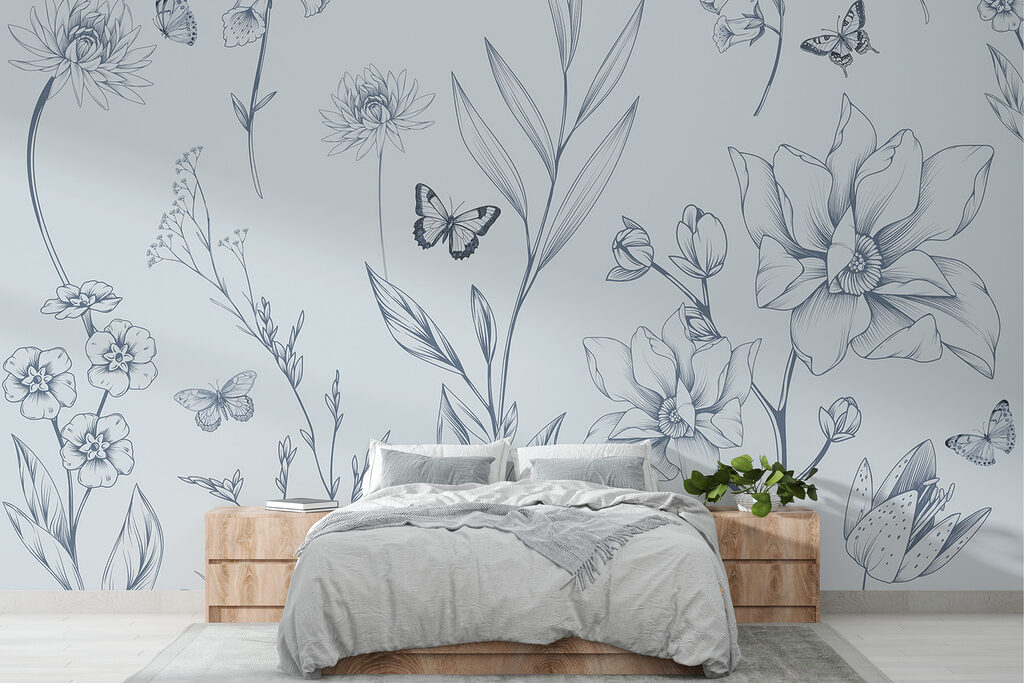 Vlinders bij fijne bloementekeningen — interieur 2