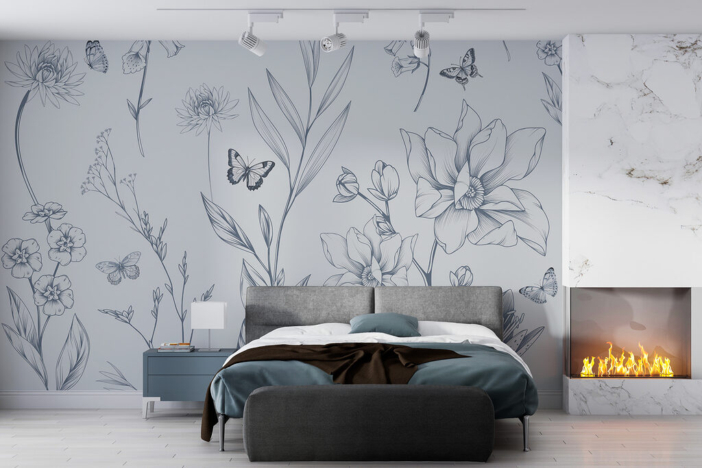 Vlinders bij fijne bloementekeningen — interieur 4