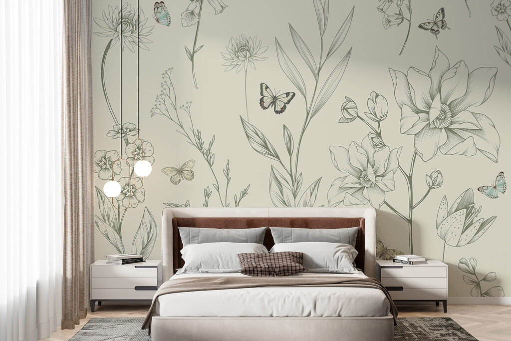 Vlinders bij fijne bloementekeningen — interieur 1
