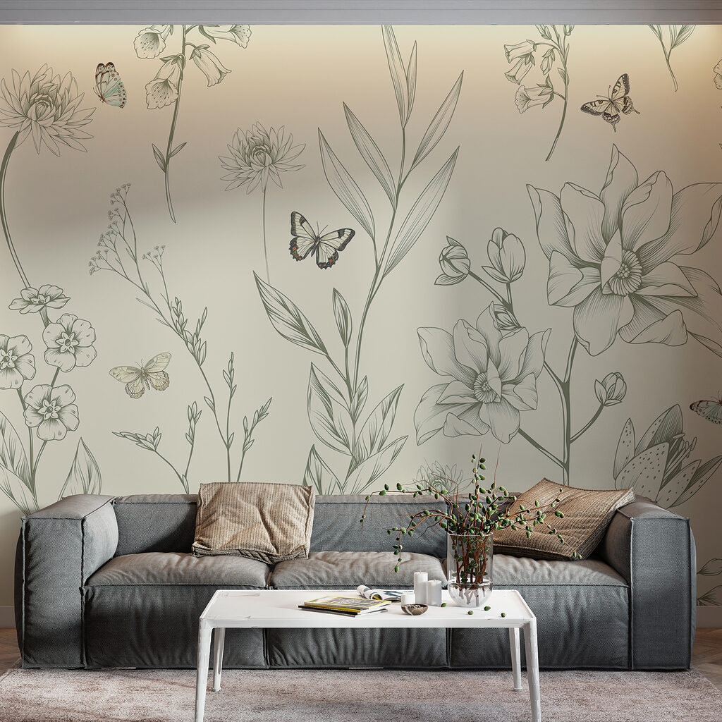Vlinders bij fijne bloementekeningen — interieur 2