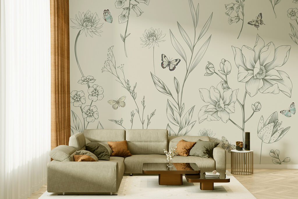 Vlinders bij fijne bloementekeningen — interieur 3