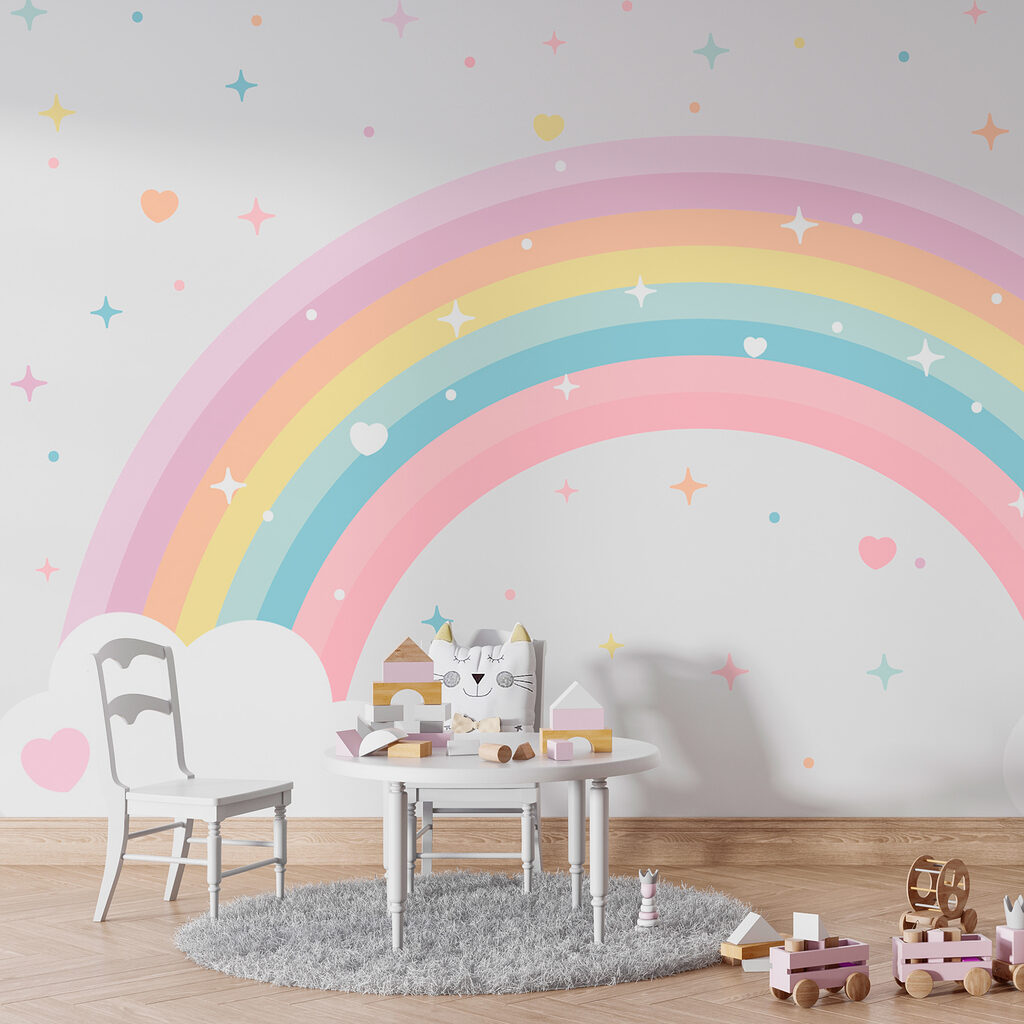 Regenboog met wolken en sterren in een interieur
