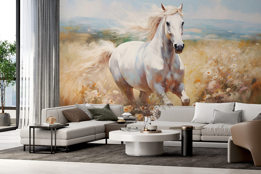Wit paard tussen bloemen — interieur 1