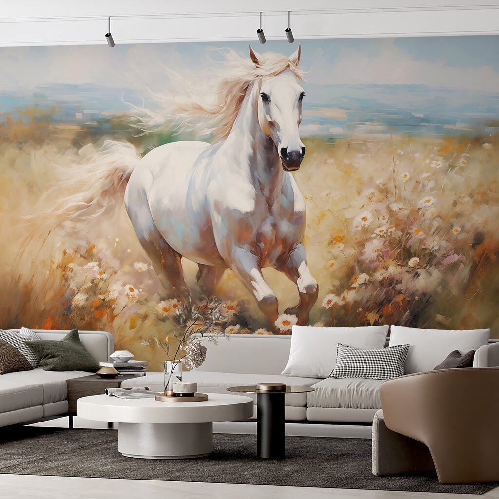 Wit paard tussen bloemen — interieur 2
