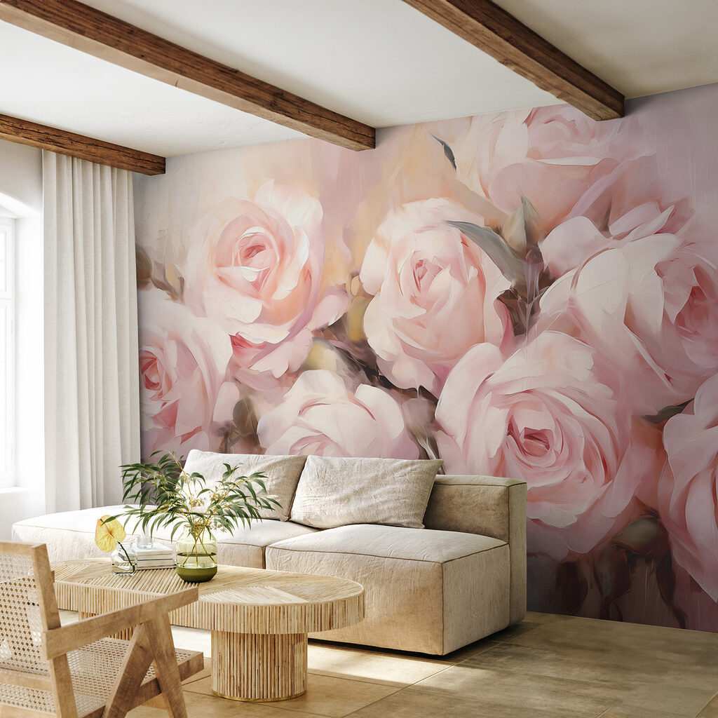 Schilderij van roze rozen in een interieur