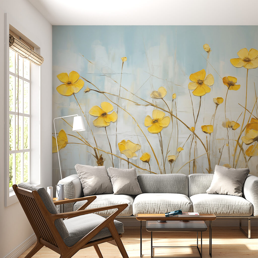 Schilderij van gele bloemen in een interieur