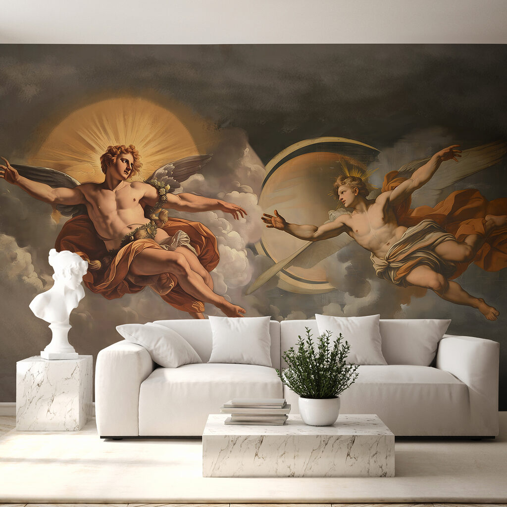 Schilderij van engelen in de lucht in een interieur