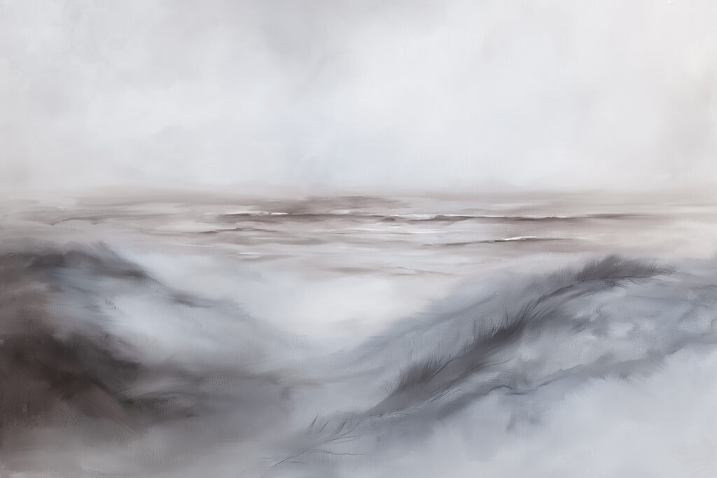 Grijze golven onder nevel — volledig ontwerp