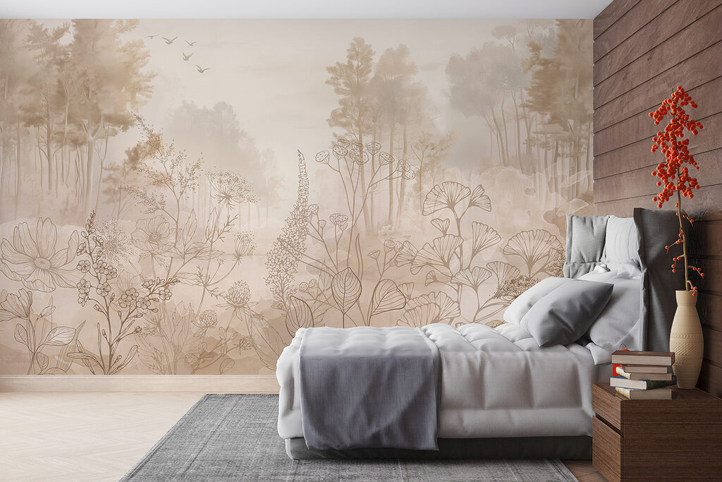 Mistig landschap met bomen en planten in een interieur