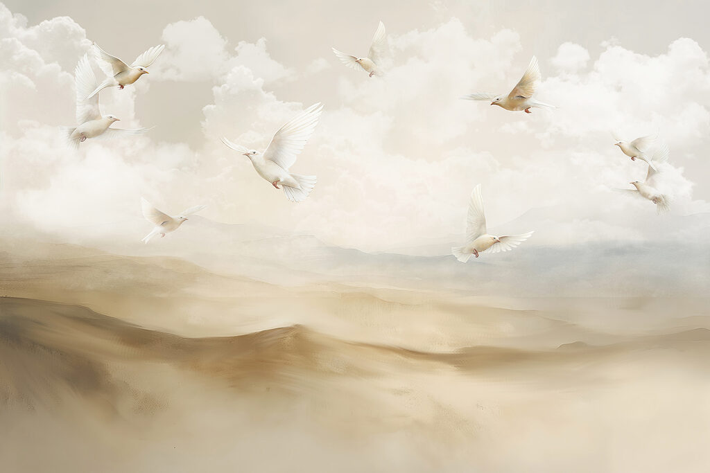 Witte vogels boven zandheuvels — volledig ontwerp