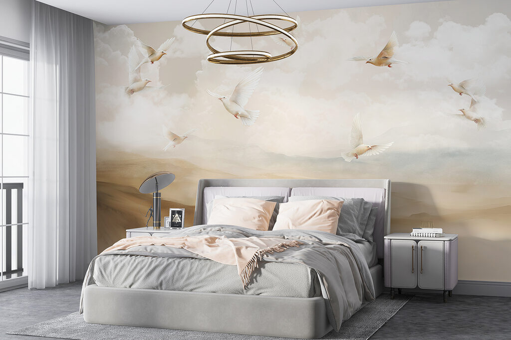 Witte vogels boven zandheuvels — interieur 1