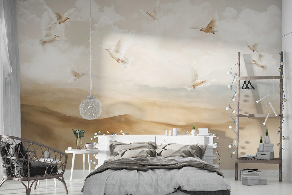 Witte vogels boven zandheuvels — interieur 2