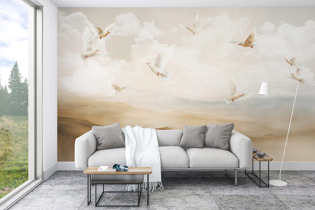 Witte vogels boven zandheuvels — interieur 4