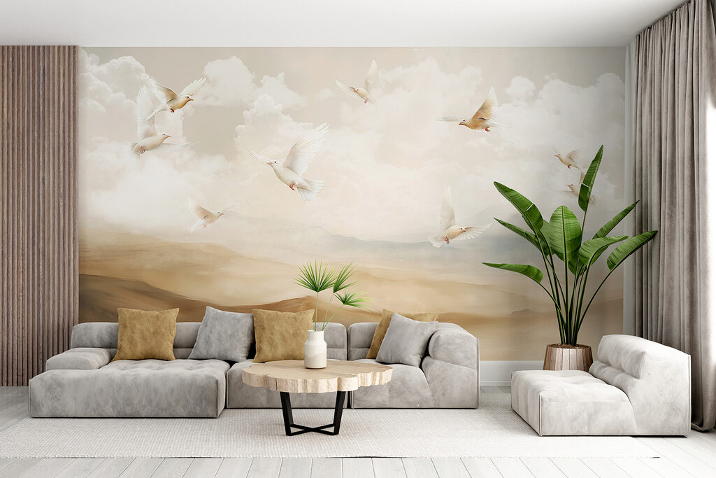 Witte vogels boven zandheuvels — interieur 5
