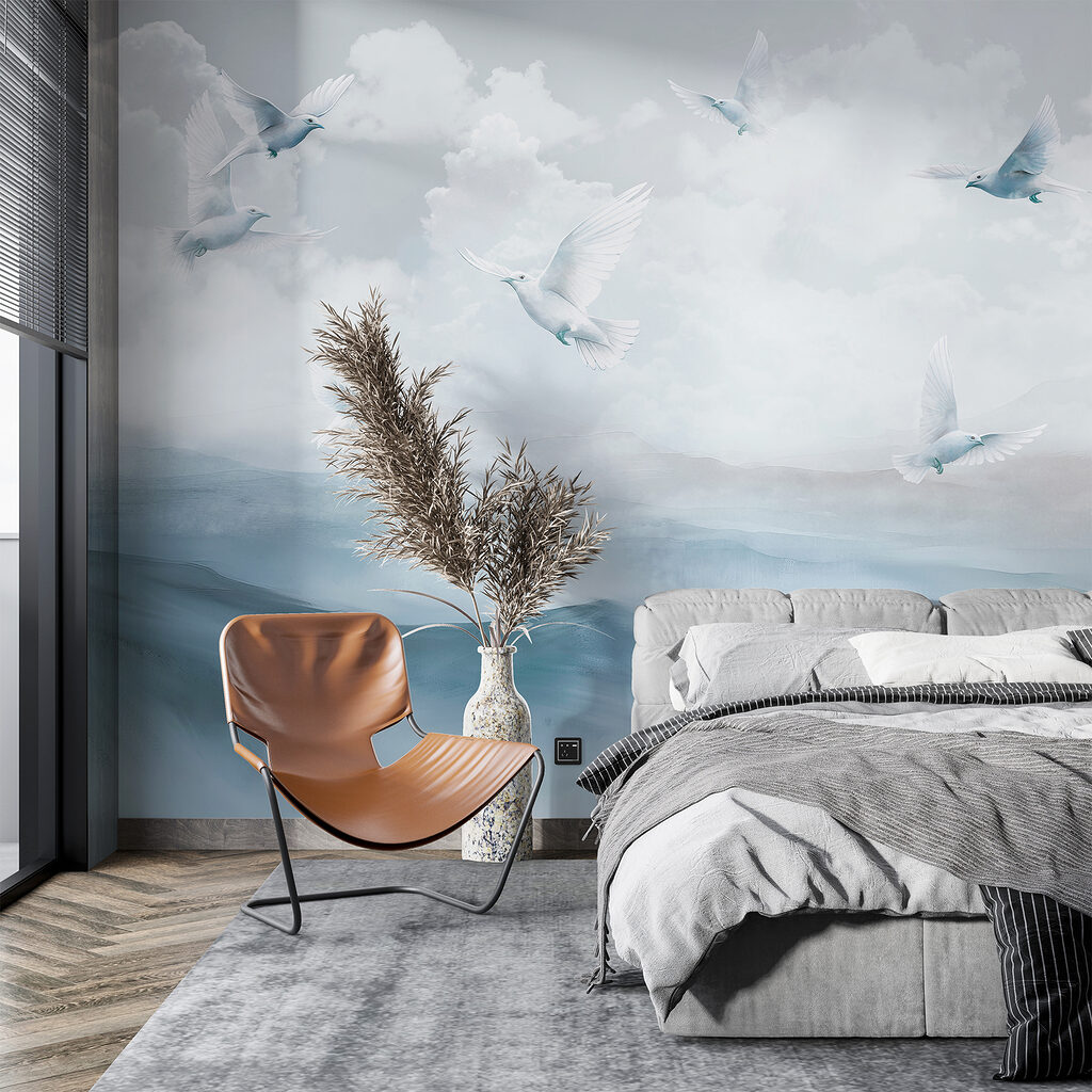 Groep witte vogels vliegend over een berg in een interieur