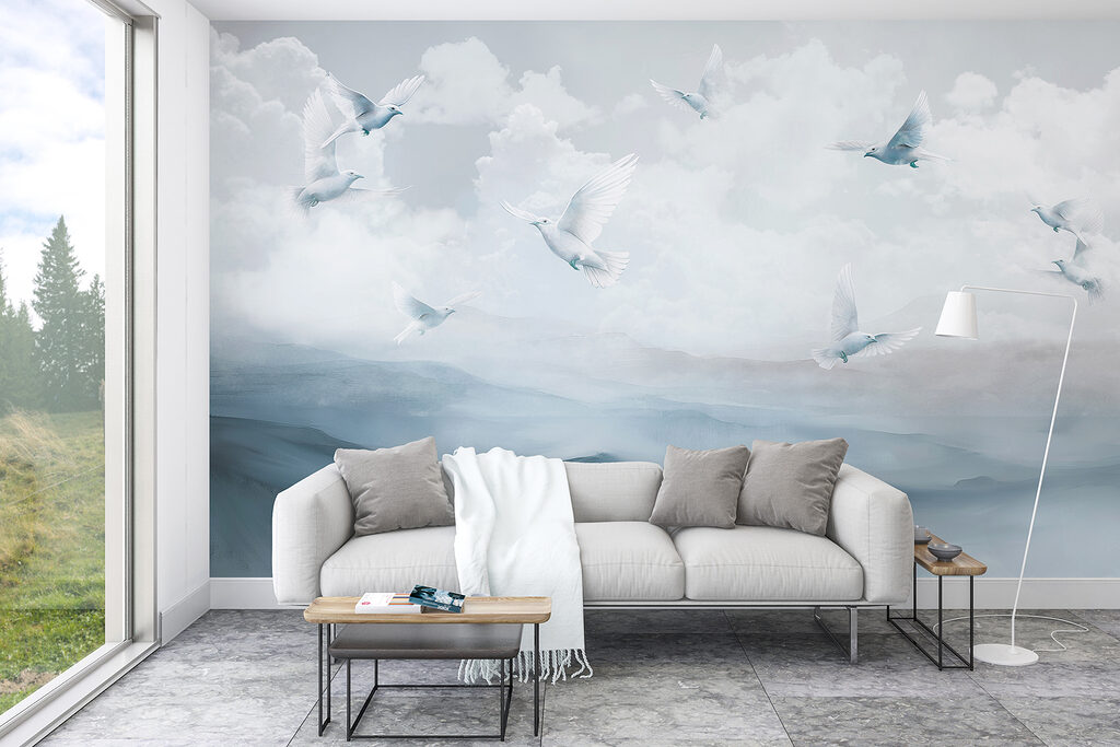 Vogels boven geschilderde heuvels — interieur 2