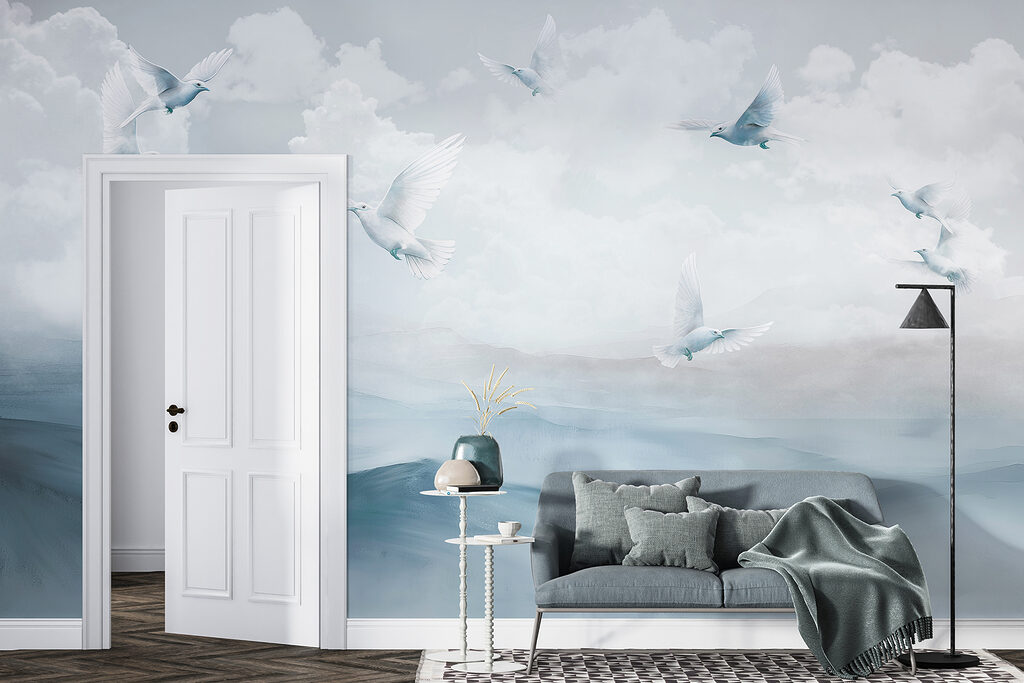 Vogels boven geschilderde heuvels — interieur 3