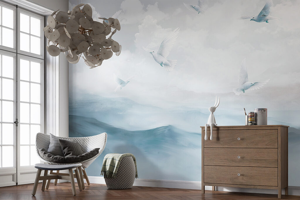 Vogels boven geschilderde heuvels — interieur 4