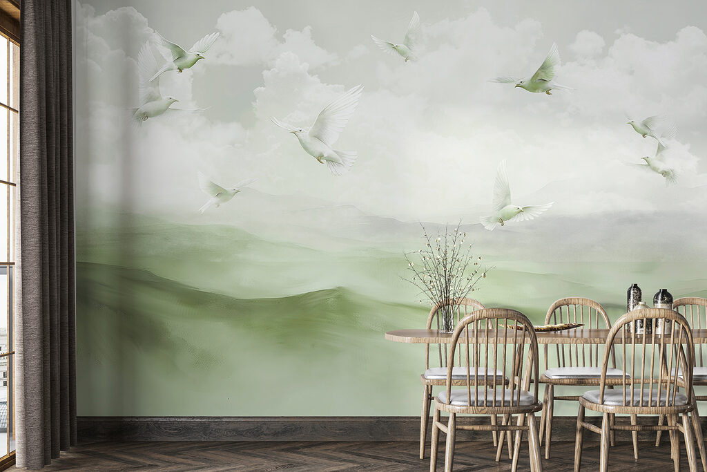 Vogels boven geschilderde heuvels — interieur 1