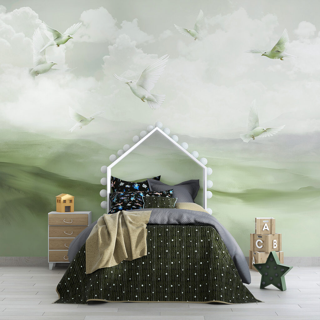 Vogels boven geschilderde heuvels — interieur 2