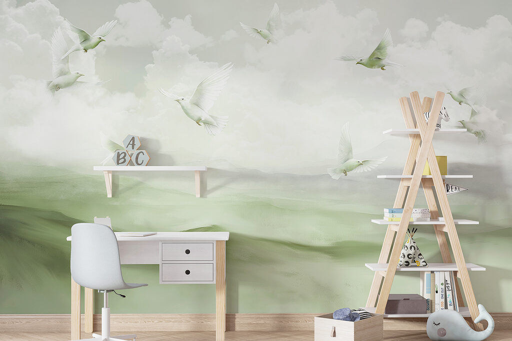 Vogels boven geschilderde heuvels — interieur 3