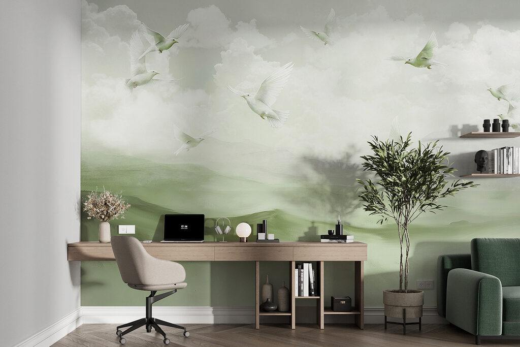 Vogels boven geschilderde heuvels — interieur 4