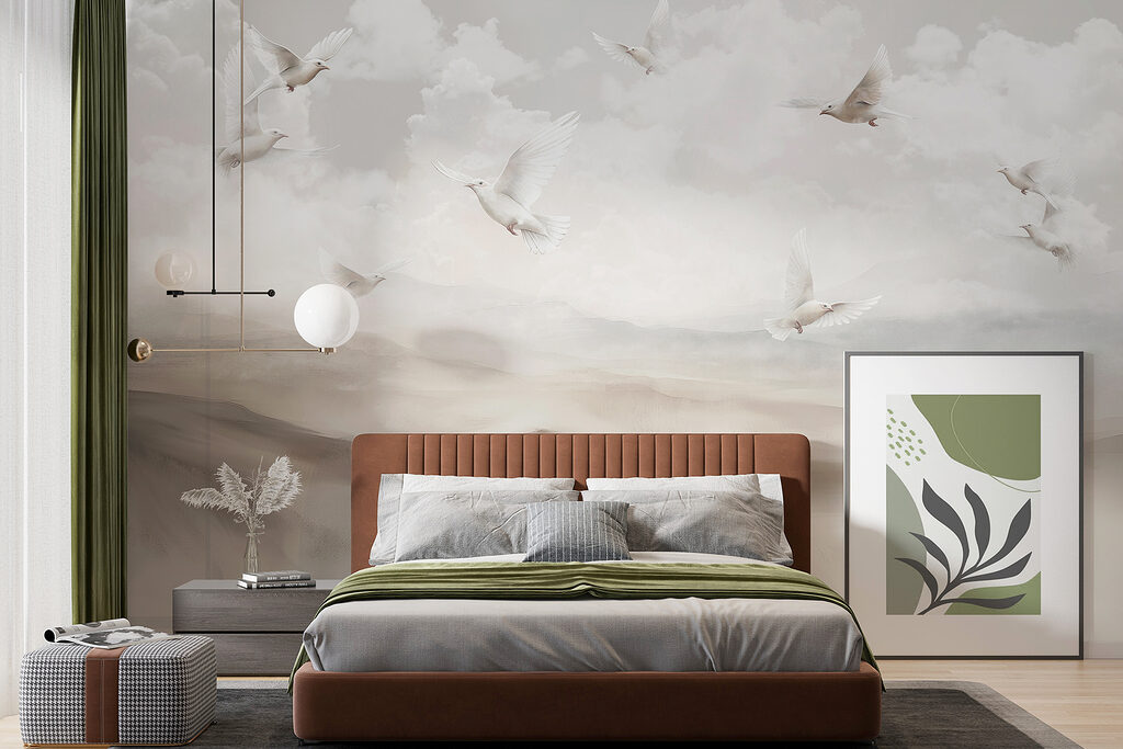 Vogels boven geschilderde heuvels — interieur 1