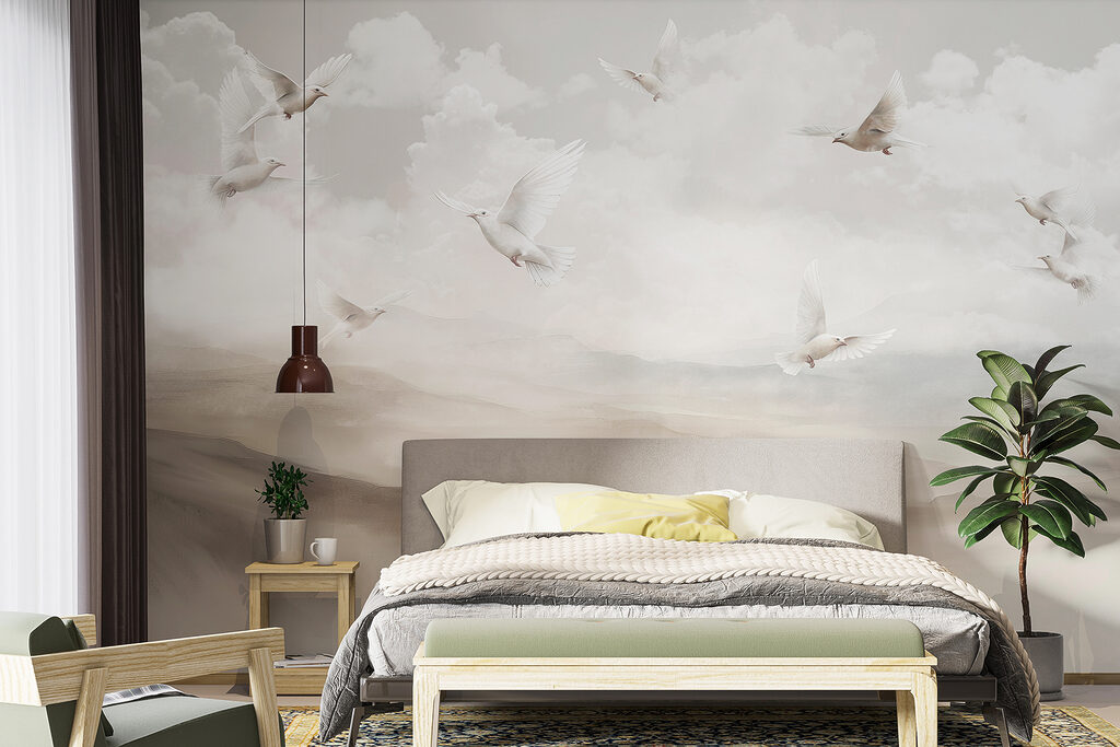 Vogels boven geschilderde heuvels — interieur 2