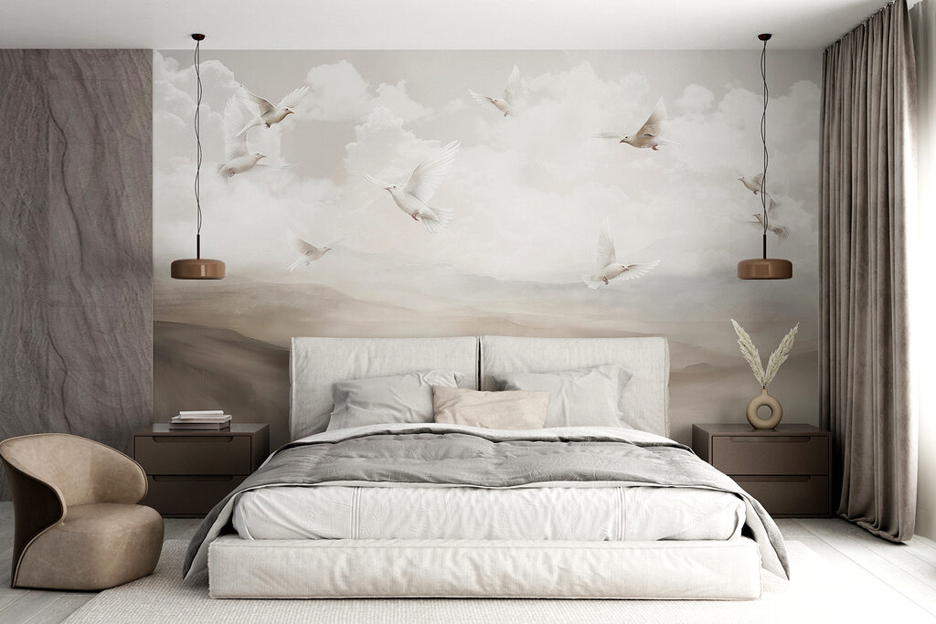 Vogels boven geschilderde heuvels — interieur 3