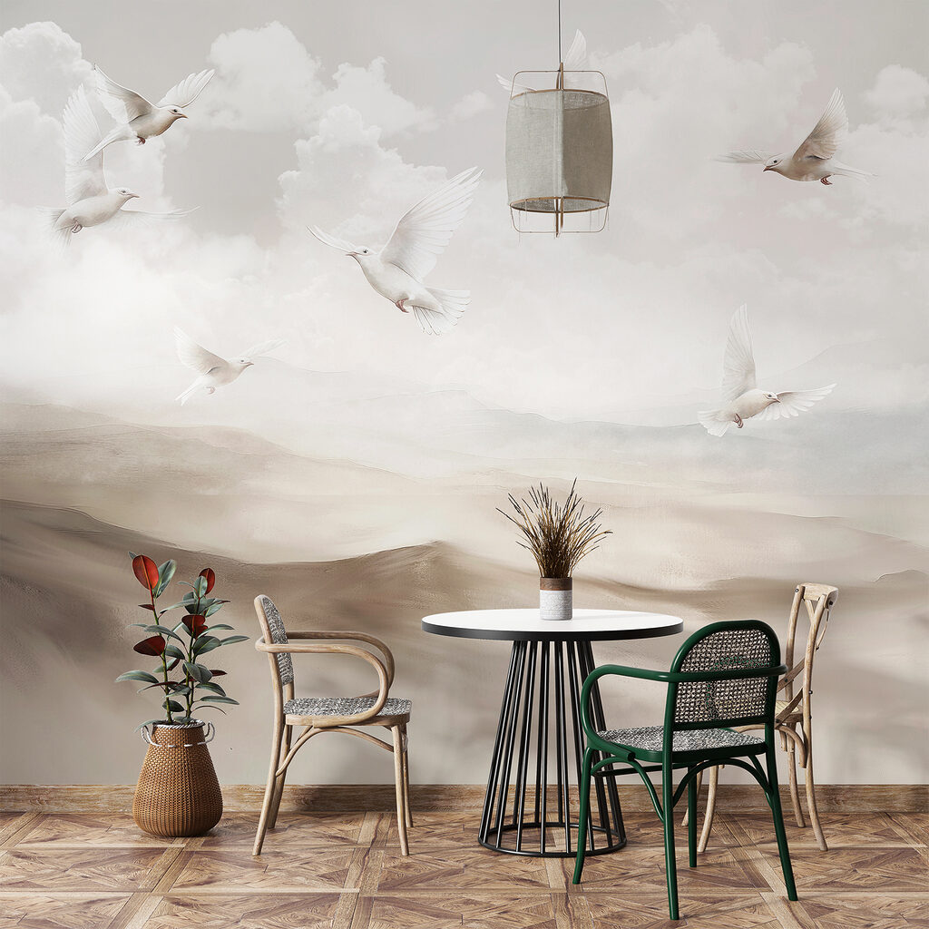 Vogels boven geschilderde heuvels — interieur 4