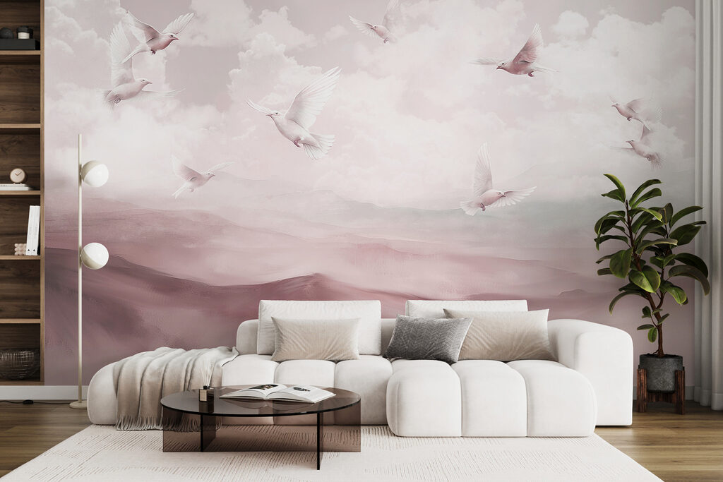 Vogels boven geschilderde heuvels — interieur 2