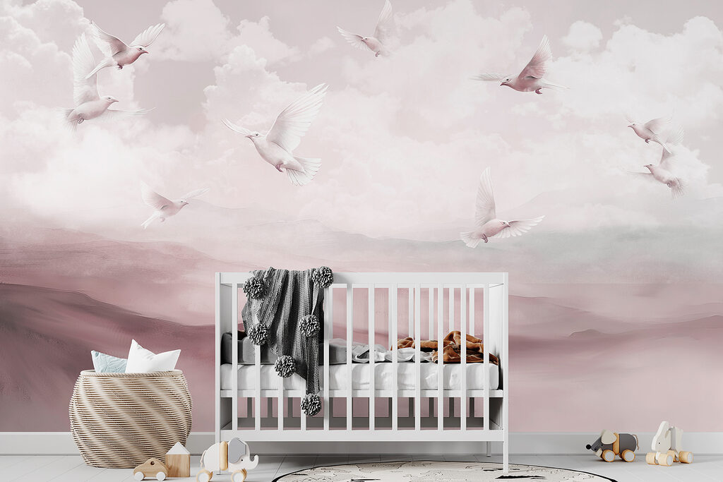 Vogels boven geschilderde heuvels — interieur 3