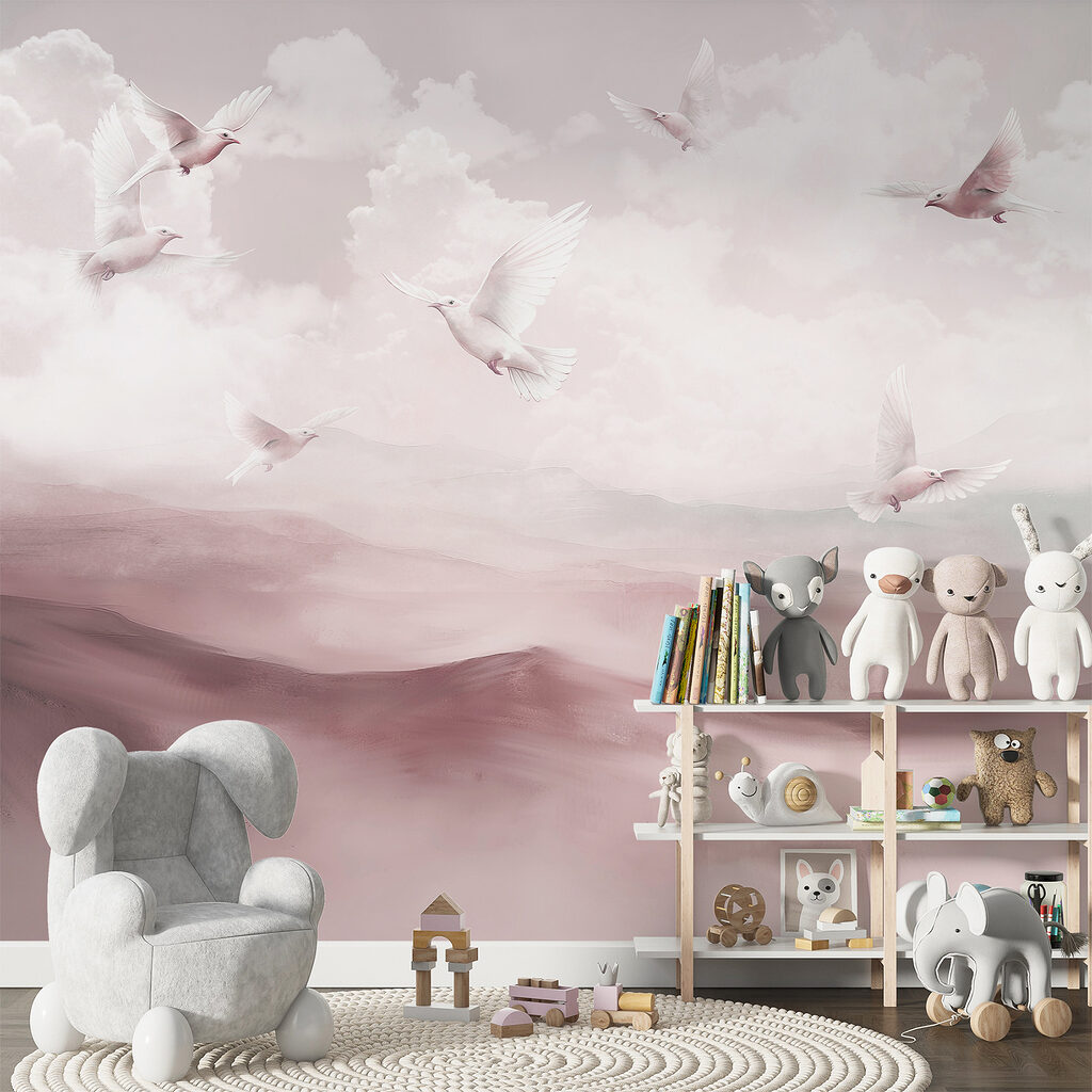 Vogels boven geschilderde heuvels — interieur 4